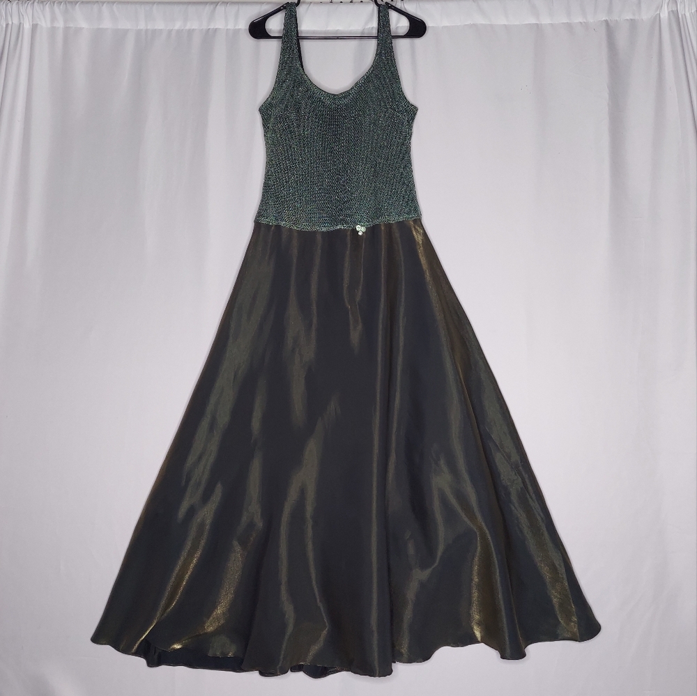 Cache Evening Gown Maxi Dress M 10 Green Metallic Mesh 90s Forest Fairycore